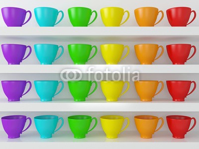 kosheen, Rainbow cups on the shelfs. (tassen, mug, regale, küche, regenbogen, vielfarbig, küchengeräte, keramik, schrank, haushalt, close-up, niemand, weiß, kaffee, leere, hell, objekt, backgrounds, ware, einfachheit, china, stilleben, gelb, grün, wand, tischgeschirr, café, restauran)