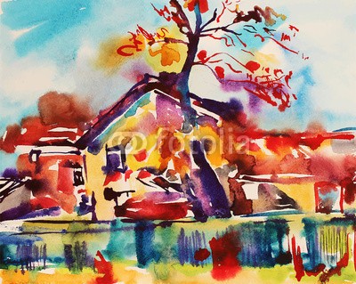 Kara-Kotsya, original watercolor abstract rural landscape (original, wasserfarben, abstrakt, ländliche, malerei, bilder, impressionismus, vektor, abbildung, modern, herbst, landschaftlich, kunst, kunstvoll, szene, wasser, natur, beruhigt, tinte, dekoration, schöpfung, inspiration, altersgenosse, hell, grafi)