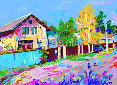 Kara-Kotsya, digital painting of autumn rural landscape with hut (digitales, malerei, ländliche, hütte, herbst, vektor, abbildung, gras, baum, haus, straßen, himmel, staat, leaf, umwelt-, dorf, jahreszeit, wetter, ukraine, draußen, natur, abbild, zeichnung, inspiration, schöpfung, farmland, landschaft, hell, bun)