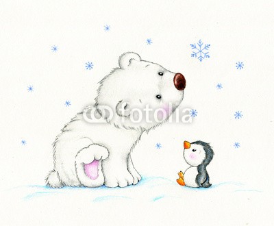 ciumac, Cute polar bear and penguin (pinguin, spassig, bär, süss, kunstvoll, schöner, karte, cartoons, kind, farbe, kunst, hübsch, zeichnung, gezeichnet, spaß, geschenk, begrüssung, hand, herz, urlaub, abbildung, liebe, bemalt, stift, postkarte, geburtstag, kinder spielzeug, baby, pola)