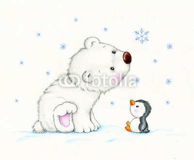 ciumac, Cute polar bear and penguin (pinguin, spassig, bär, süss, kunstvoll, schöner, karte, cartoons, kind, farbe, kunst, hübsch, zeichnung, gezeichnet, spaß, geschenk, begrüssung, hand, herz, urlaub, abbildung, liebe, bemalt, stift, postkarte, geburtstag, kinder spielzeug, baby, pola)