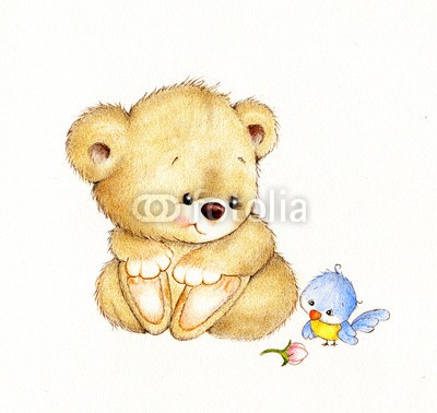 ciumac, Cute Teddy bear and bird (spassig, bär, süss, kunstvoll, schöner, karte, cartoons, kind, farbe, kunst, hübsch, zeichnung, gezeichnet, spaß, geschenk, begrüssung, hand, teddy, urlaub, abbildung, liebe, bemalt, stift, postkarte, geburtstag, kinder spielzeug, baby, blume, vöge)