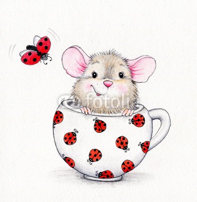 ciumac, Cute mouse in the cap and ladybug (spassig, maus, süss, kunstvoll, schöner, karte, cartoons, kind, farbe, kunst, hübsch, zeichnung, gezeichnet, spaß, geschenk, begrüssung, hand, urlaub, abbildung, liebe, bemalt, stift, postkarte, geburtstag, kinder spielzeug, baby, freudig, marienkäfe)