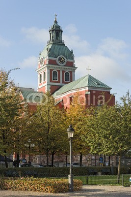 Blickfang, Kirche Jakobs Kyrkan Stockholm (hauptstadt, schweden, europa, historisch, architektur, touristisch, herbst, jahreszeit, september, october, baum, himmel, blau, stockholm, haus, haus, rot, grün, kirch)