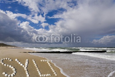 Blickfang, Strand von Sylt mit Muscheln (blau, deutsch, reiseziel, insel, meer, sand, urlaub, touristisch, nordsee, sylt, wasser, panorama, welle, stranden, strandkorb, himmel, attraktion, europa, muscheln, wor)