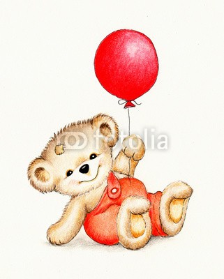 ciumac, Cute Teddy bear with balloon (spassig, süss, kunstvoll, schöner, karte, cartoons, kind, farbe, kunst, hübsch, zeichnung, gezeichnet, spaß, geschenk, begrüssung, hand, urlaub, abbildung, liebe, bemalt, stift, postkarte, geburtstag, baby, bär, freudig, teddy, sprechblas)