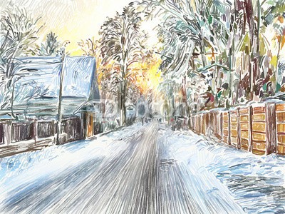 Kara-Kotsya, painting of beautiful winter in the country (digitales, malerei, schöner, winter, staat, vektor, abbildung, landschaftlich, szene, schnee, straßen, morgens, haus, kunst, kalt, handwerk, hell, grafik, kreativ, artwork, bilder, original, kunstvoll, stil, rustikal, draußen, zeichnung, gezeichnet, dor)