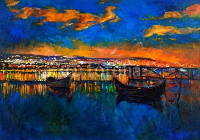 Boyan Dimitrov, Boats and the city (abstrakt, acryl, kunst, künstler, kunstvoll, artwork, kulisse, backgrounds, strand, blau, boot, hell, canvas, farbe, sätze, kreativität, zeichnung, grün, hafen, abbildung, abbild, impressionismus, landschaft, modern, natur, ozean, öl, malen, malere)