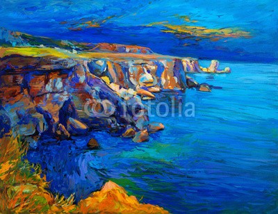 Boyan Dimitrov, Ocean and cliffs (ozean, meer, kunst, landschaft, canvas, öl, natur, strand, abbildung, wasser, backgrounds, artwork, küste, malerei, himmel, künstler, romantisch, seelandschaft, blau, zeichnung, szenerie, schöner, sonnenuntergänge, bild, farbe, sommer, kunstvol)