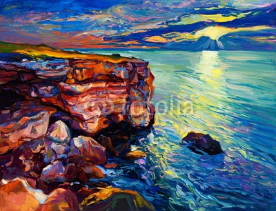 Boyan Dimitrov, Ocean and cliffs (ozean, meer, kunst, landschaft, canvas, öl, natur, strand, abbildung, wasser, backgrounds, artwork, küste, malerei, himmel, künstler, romantisch, seelandschaft, blau, zeichnung, szenerie, schöner, sonnenuntergänge, bild, farbe, sommer, kunstvol)