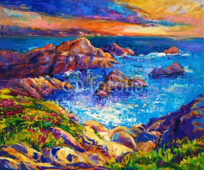Boyan Dimitrov, Ocean and cliffs (ozean, meer, kunst, landschaft, canvas, öl, natur, strand, abbildung, wasser, backgrounds, artwork, küste, malerei, himmel, künstler, romantisch, seelandschaft, blau, zeichnung, szenerie, schöner, sonnenuntergänge, bild, farbe, sommer, kunstvol)