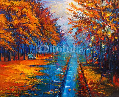 Boyan Dimitrov, Autumn landscape (herbst, park, natur, landschaft, see, rivers, kunst, backgrounds, abbildung, baum, jahreszeit, artwork, wasser, zeichnung, wald, kunstvoll, bunt, himmel, schöner, draußen, gras, öl, blau, entwerfen, malen, bild, abstrakt, grün, staat, gelb, canva)