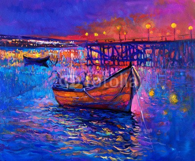 Boyan Dimitrov, Boats and the city (abstrakt, acryl, kunst, künstler, kunstvoll, artwork, kulisse, backgrounds, strand, blau, boot, hell, canvas, farbe, sätze, kreativität, zeichnung, grün, hafen, abbildung, abbild, impressionismus, landschaft, modern, natur, ozean, öl, malen, malere)