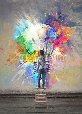 olly, Brilliant idea (kind, schreiben, schule, stufen, maßstab, wachsen, ausbildung, pen, stift, wand, hintergrund, rücken, treppe, treppe, work, kreativ, kind, kindheit, lernen, konzept, jung, junge, remis, abbildung, 3d, glühbirne, licht, energie, verfärbt, kunst, male)