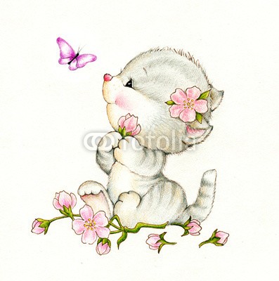 ciumac, Adorable kitten with flowers and butterfly (spassig, katze, süss, kunstvoll, schöner, karte, cartoons, kind, farbe, kunst, hübsch, zeichnung, gezeichnet, spaß, geschenk, begrüssung, hand, katzenbaby, urlaub, abbildung, liebe, bemalt, stift, postkarte, geburtstag, kinder spielzeug, baby, katz)