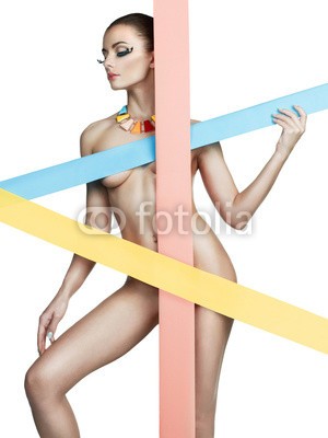 George Mayer, Elegant naked lady with colors stripes (nackt, nackt, körper, erotisch, sexy, schönheit, gestalten, weiblich, frau, makeup, schmück, sinnlich, weiblich, frau, studio, erwachsen, kunst, schöner, hautpflege, posieren, kühl, elegant, posing, fein, mädchen, glamour, gesundheit, modelliere)