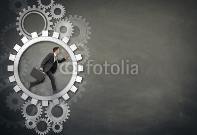 Coloures-pic, Businessman running in Wheel (mann, karriere, business, working, job, work, spannung, alltag, räder, zahnrad, dienstleistungen, sklave, zahnrad, aktiv, beschäftigen, energie, erfolg, herausforderung, laufen, schaltung, men at work, kräfte, motivation, hamster, zeit, konzep)