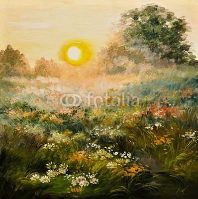 max5799, oil painting - sunrise in the field, art work (malerei, öl, natur, feld, landschaft, schöner, grün, farbe, kunst, backgrounds, bunt, zeichnung, weiß, abbildung, blau, sunrise, abstrakt, sommer, himmel, tapete, blume, abbild, acryl, entwerfen, wiese, sonnenuntergänge, landschaft, original, muster)
