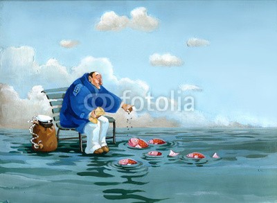nuvolanevicata, sailor (konzept, matrosen, erholung, fisch, meer, krümel, gelassenheit, backgrounds, kunst, schwimmen, bench, tasche, hold, essen und trinken, nostalgie, alt, pensioniert, sitzend, welle, besinnung, herbst, bewölkt, surreal, fantasy, charakte)