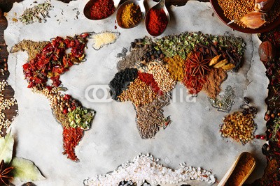 Africa Studio, Map of world made from different kinds of spices, close-up (afrika, anis, kunst, basilikum, close-up, bunt, kontinent, kochkunst, kreuzkümmel, striegeln, different, getrocknete, europa, essen, global, foodie, grün, gruppe, handgemacht, kraut, indien, industrie, zutaten, arten, arten, gemacht, karte, märkte, sen)