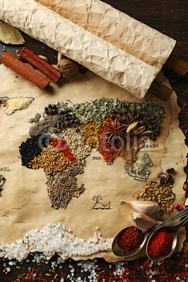 Africa Studio, Map of world made from different kinds of spices (afrika, anis, kunst, backgrounds, basilikum, close-up, bunt, kontinent, kochkunst, kreuzkümmel, striegeln, different, getrocknete, europa, essen, global, foodie, grün, gruppe, handgemacht, kraut, indien, industrie, zutaten, arten, arten, gemacht, kart)