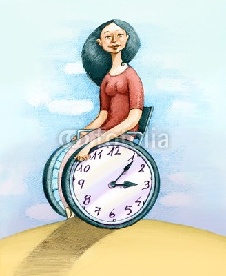 nuvolanevicata, my time (konzept, mädchen, arbeitsunfähig, räder, stuhl, uhren, kreativität, mut, stärke, bewusstsein, übertragener ausdruck, support, pflege, schranke, hilfe, minderheit, surreal, fantasy, charakter, cartoon)