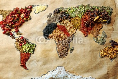Africa Studio, Map of world made from different kinds of spices, close-up (afrika, anis, kunst, basilikum, close-up, bunt, kontinent, kochkunst, kreuzkümmel, striegeln, different, getrocknete, europa, essen, global, foodie, grün, gruppe, handgemacht, kraut, indien, industrie, zutaten, arten, arten, gemacht, karte, märkte, sen)