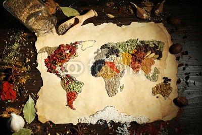 Africa Studio, Map of world made from different kinds of spices (afrika, anis, kunst, backgrounds, basilikum, close-up, bunt, kontinent, kochkunst, kreuzkümmel, striegeln, different, getrocknete, europa, essen, global, foodie, grün, gruppe, handgemacht, kraut, indien, industrie, zutaten, arten, arten, gemacht, kart)
