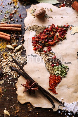 Africa Studio, Map of world made from different kinds of spices (amerika, anis, kunst, basilikum, brasilien, close-up, bunt, kontinent, kochkunst, kreuzkümmel, striegeln, different, getrocknete, essen, global, foodie, grün, gruppe, handgemacht, kraut, industrie, zutaten, arten, gemacht, karte, märkte, senf, natürlic)