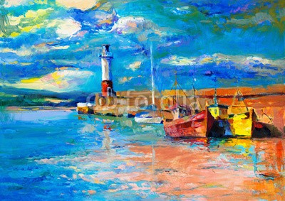 Boyan Dimitrov, Lighthouse and boats (leuchtturm, kunst, abbildung, malerei, zeichnung, wasserfarben, meer, natur, ozean, landschaft, wasser, küste, licht, artwork, himmel, hafen, malen, sommer, blau, bellen, grün, gebäude, stil, bild, architektur, backgrounds, welle, öl, turm, kunstvol)
