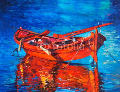 Boyan Dimitrov, Boat (abstrakt, acryl, kunst, künstler, kunstvoll, artwork, kulisse, backgrounds, strand, blau, boot, hell, canvas, farbe, sätze, kreativität, zeichnung, grün, hafen, abbildung, abbild, impressionismus, landschaft, modern, natur, ozean, öl, malen, malere)