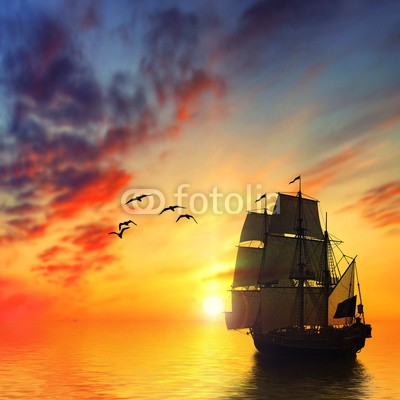 F@natka, Sailboat against beautiful sunset landscape (tier, backgrounds, schöner, vögel, blau, boot, hell, cartoons, himmlisch, wolken, dunkel, abend, glühen, horizont, abbildung, licht, lonely, mondschein, morgens, geheimnisvoll, natur, nacht, ozean, besinnung, rivers, segelboot, sailing, segel, mee)