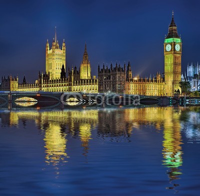 Blickfang, House of Parlaments  London beleuchtet (englisch, britischer, england, london, architektonisch, sehenswürdigkeit, hauptstadt, historisch, reiseziel, urlaub, stadtlandschaft, überbrückung, themse, flux, blau, blue sky, schloss, beleuchtet, nacht, abend, spiegelung, big be)