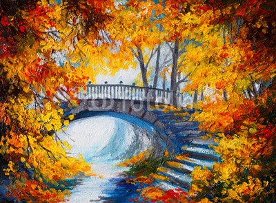 max5799, Oil Painting - autumn forest with a road and bridge over the roa (malerei, öl, kunst, wald, natur, canvas, schöner, backgrounds, herbst, baum, abstrakt, abbildung, original, entwerfen, landschaft, grün, farbe, hell, impressionismus, himmel, gelb, bunt, braun, mustern, sommer, brücke, jahreszeit, orange, drauße)