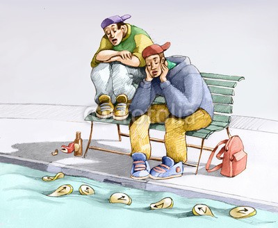 nuvolanevicata, unemployment (arbeitslosigkeit, jugendliche, probleme, soziales, wachsen, pubertät, vorstadt, uhren, zeit, bench, zukunft, schriftrolle, warten, work, leisure, schwierigkeiten, konzept, surreal, fantasy, charakter, cartoons, übertragener ausdruck, anthropologi)
