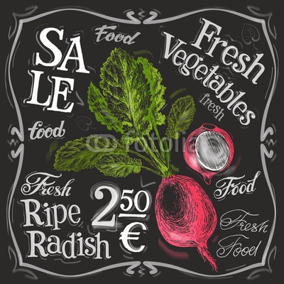 ~ Bitter ~, ripe radish vector logo design template. fresh food, vegetables (reif, radieschen, vektor, firmenlogo, entwerfen, vorlage, frisch, essen, gemüse, menü, board, icon, text, banner, posters, schwarz, weiß, backgrounds, kreide, isoliert, vegetarisch, natürlich, vegan, küche, ackerbau, herbst, rot, diät, organisc)