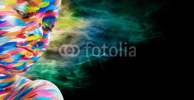 Mykhailo Orlov, Portrait of the bright beautiful girl with art colorful make-up (coloured, gestalten, emotion, makeup, mädchen, gelb, schönheit, ethnie, hübsch, malerei, hell, kopf, party, glamour, modellieren, sommer, gesicht, person, frau, stage, kreativität, auge, makeup, weiblich, schöner, grün, entwerfen, malen, rauc)