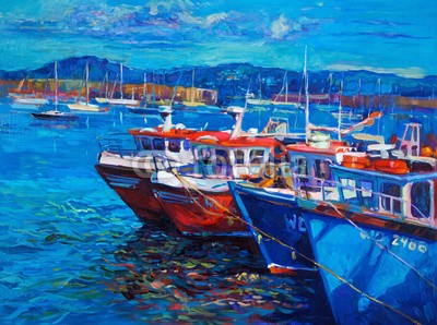 Boyan Dimitrov, Fishing boats (abstrakt, acryl, kunst, künstler, kunstvoll, artwork, kulisse, backgrounds, strand, blau, boot, hell, canvas, farbe, sätze, kreativität, zeichnung, grün, hafen, abbildung, abbild, impressionismus, landschaft, modern, natur, ozean, öl, malen, malere)