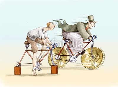 nuvolanevicata, money bike (reich, poor, anders, unrecht, kapitalanlage, finanzen, wirtschaft, bike, räder, geld, münze, tool, chancen, gelegenheit, stagnation, probleme, kräfte, konzept, surreal, fantasy, charakter, cartoons, sarkasmus, backstein, unbeweglichkeit, hoffnun)
