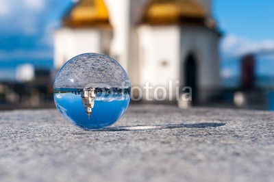 bychykhin, Glass transparent ball on church background and grainy surface (durchsichtig, ball, glas, perlen, kristalle, kirche, klar, kugel, sphäre, blase, religion, sommer, textur, marmor, meditation, wasser, faith, konzentration, blau, erdball, flüssigkeit, abstrakt, haltung, magisch, perle, licht, konzept, backgrounds, symbo)