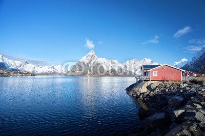 Iakov Kalinin, Fishing hut at spring day - Reine, Lofoten islands, Norway (frühling, winter, herbst, fallen, norge, szenerie, lofoten, fjord, haus, arktis, hütte, tage, draußen, skandinavien, fischfang, norwegische, berg, hafen, norden, pike, landschaft, landschaftlich, dorf, insel, bungalow, rot, meer, town, schne)