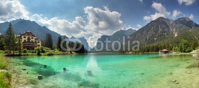 TTstudio, Panorama of Lake dobbiaco, Dolomites mountain (see, italien, panorama, panoramisch, landschaft, alpen, natur, wasser, wald, alpine, reisen, süden, draußen, grün, tirol, sommer, dolomite, italienisch, anblick, himmel, szenerie, vale, di, schöner, blau, österreich, landschaftlich, europa, natürlic)