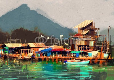 grandfailure, seascape painting showing old fishing village,digital painting (abstrakt, acryl, kunst, kunstvoll, backgrounds, schöner, schönheit, canvas, farbe, konzept, deckung, entwerfen, abbildung, öl, malerei, figur, stil, textur, lebendig, tapete, wasserfarben, asien, boot, braun, stadt, küste, küste, umwelt, fischfan)