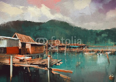 grandfailure, seascape painting showing old fishing village,digital painting (abstrakt, acryl, kunst, kunstvoll, backgrounds, schöner, schönheit, canvas, farbe, konzept, deckung, entwerfen, abbildung, öl, malerei, figur, stil, textur, lebendig, tapete, wasserfarben, business, gehend, jung, leute, person, erwachsen, bür)