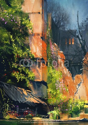 grandfailure, digital painting of abandoned building covered with vegetation (abstrakt, acryl, kunst, kunstvoll, backgrounds, schöner, schönheit, konzept, abbildung, öl, malerei, stil, textur, lebendig, tapete, wasserfarben, leerstehend, gebäude, grün, alt, architektur, moos, haus, ländliche, laubwerk, baum, verwittert, broke)