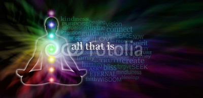 Nikki Zalewski, Chakra Meditation Word Cloud Website Banner - wide dark banner with rainbow colored spiral and male lotus position silhouette on left side and a transparent word cloud surrounding All That Is in white (chakra, achtsamkeit, meditation, erleuchtung, buddhas, bewusstsein, universal, meditieren, buddhismus, yoga, heilung, betend, heilendekraft, kosmisch, göttlich, guru, ganzheitlich, wirbel, lotus, einträchtig, reiki, spiritual, spiritualität, zeitlo)