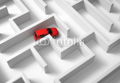 fotomek, 3d Auto im Labyrinth (3d, autos, labyrinth, working, ausgang, navigation, orientierung, navigieren, abtrennung, nachforschungen, aussichtslos, anblick, kurve, gehen, fahrer, autos, probleme, lockern, recht, falsch, sackgasse, umleitung, zielen, konzept, straßen, richtunge)