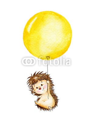 ciumac, Hedgehog flying on yellow balloon (igel, baby, kunstvoll, schöner, karte, cartoons, kind, farbe, kunst, hübsch, zeichnung, gezeichnet, spaß, geschenk, begrüssung, hand, kinderzimmer, urlaub, fliegender, little, lieblich, bemalt, stift, postkarte, sketch, geburtstag, kind, kleinkinde)