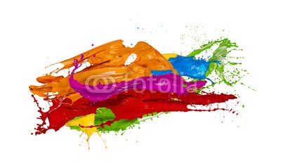 Jag_cz, Colored paint splashes on white background (malen, platsch, blau, coloured, zusammenlegung, grün, rosa, flüssigkeit, weiß, regenbogen, abstrakt, backgrounds, isoliert, entladen, bewegung, welle, bürste, 3d, close-up, nass, flüssig, fließen, studio, licht, tropfen, glatt, strömend, tinte, farb)