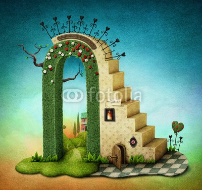 annamei, Illustration or poster with  stairs and green arch with fabulous items (abbildung, märchen, story, buch, deckung, drucken, mag, alice, cartoons, zeichnung, entwerfen, konzept, ideen, vorstellung, inspiration, wonderland, treppe, wölben, rosé, installation, konstruktion, zaun, baum, key, tür, haus, spiel, bizarre, spie)